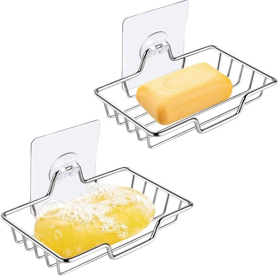 Porte-savon pour douche - 2 pièces porte-savons en acier inoxydable - acier inoxydable - sans perçage - porte-savon mural - porte-éponge pour salle de bain et cuisine - Porte-savon - Argent - Suspendu - 14 x 9 x 2,6 cm - porte-savon - porte-éponge
