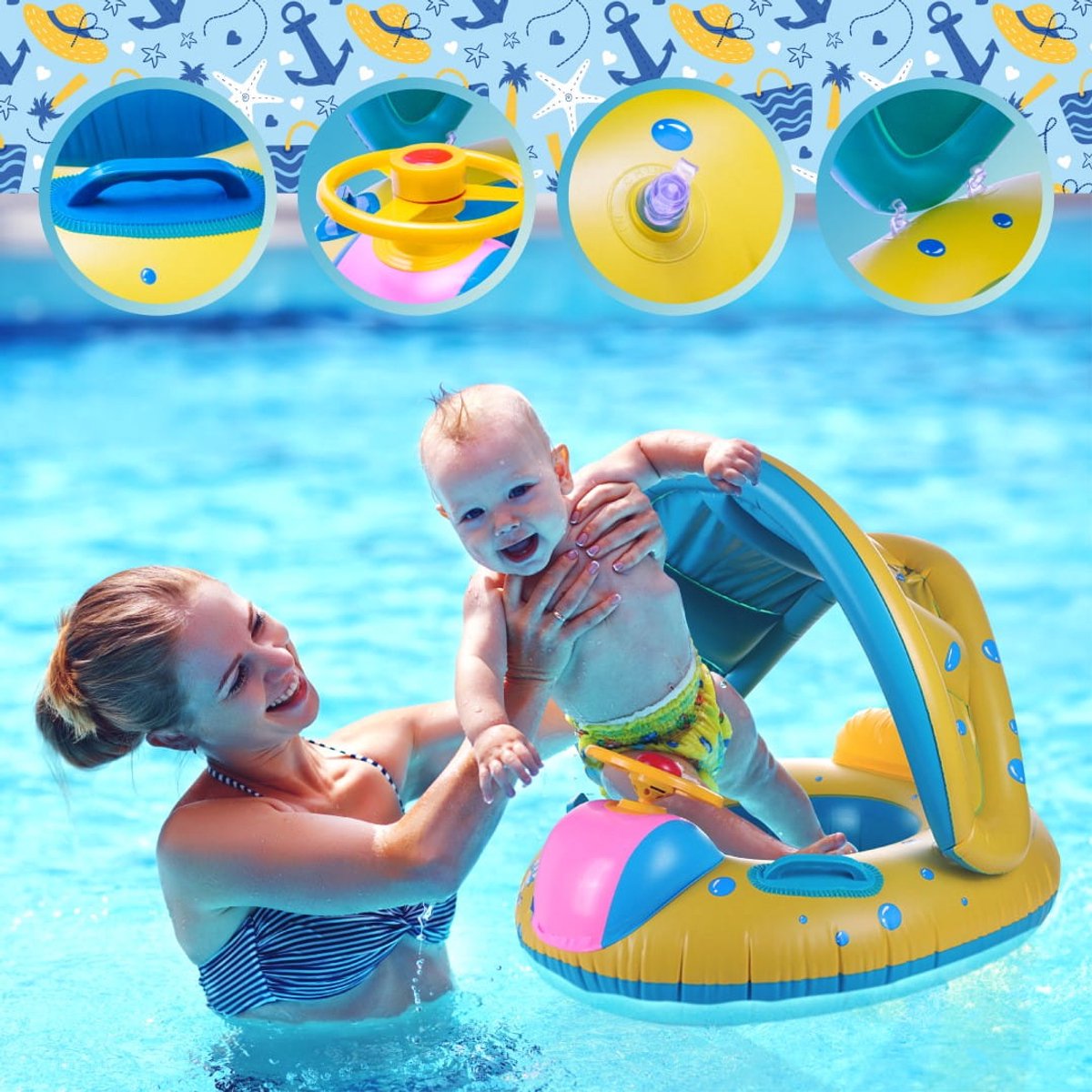 Bouée Bébé Avec Pare-soleil – Jusqu’à 15 Kg, Volant Klaxon, PVC Durable, Piscine Plage