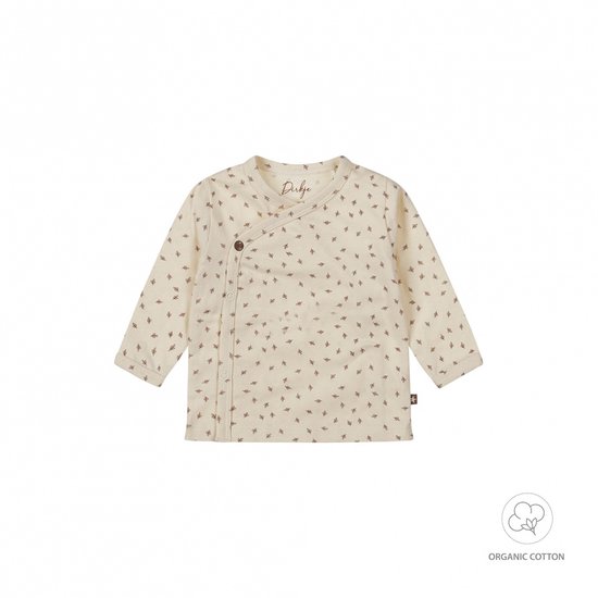 Crèmekleurig wikkelshirt met lange mouwen, bruine blaadjesprint en knoop.