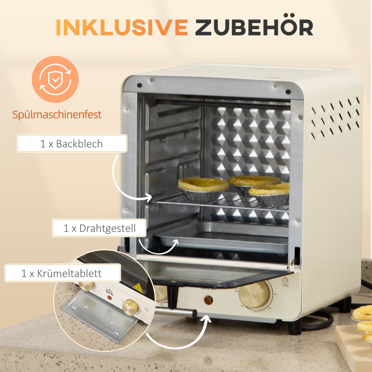 ZYLARO mini oven - Vrijstaande Elektrische Oven - 15L - 1000W - Vintage crème wit – foto 6