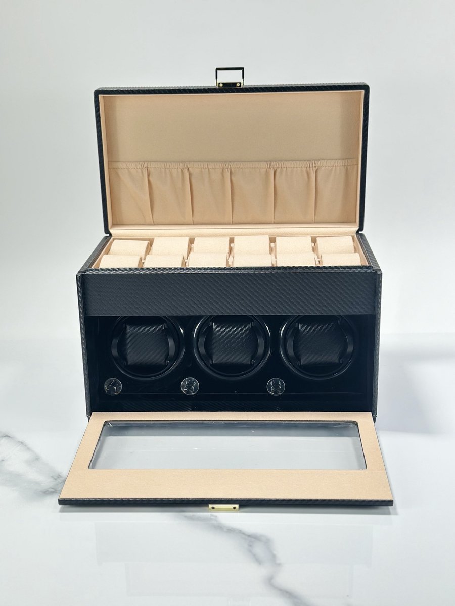 Leader Luxe Watchwinder voor 3(+12) horloges - Horloge opwinder - horloge box - Carbon