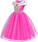Roze prinsessenjurk met korte mouwen, off-shoulder kraag en tule rok.