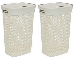 5Five Wasmand met deksel Rotan - 2x - wit - gevlochten kunststof - 60 liter - 42 x 33 x 61 cm - Badkamer accessoires