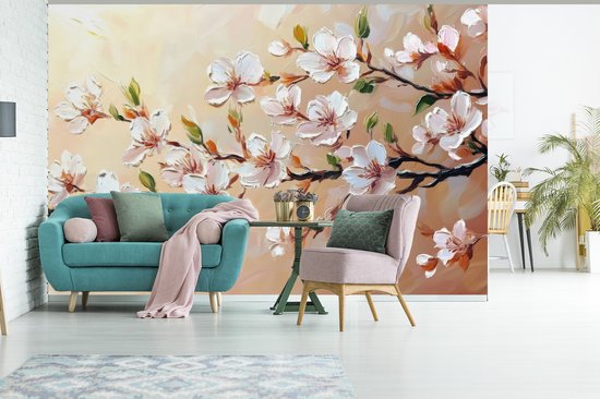 Behang - Fotobehang Bloesemtakken - Schilderachtig - Roze - Breedte 420 cm x hoogte 280 cm