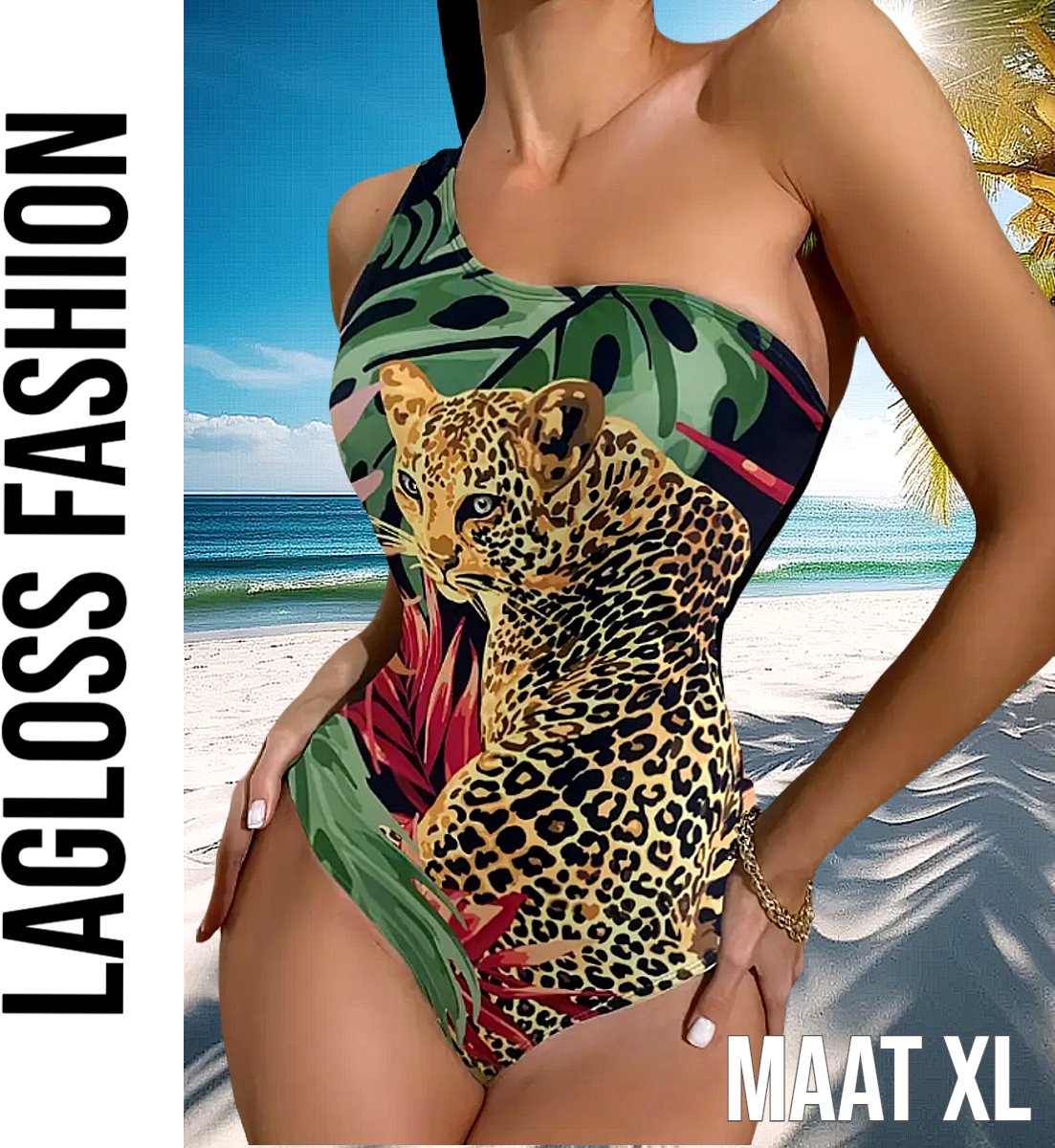 LaGloss ® Badpak Luipaardprint – Asymmetrisch Eén-Schouder Zwempak – Trendy & Sexy – Zwart
