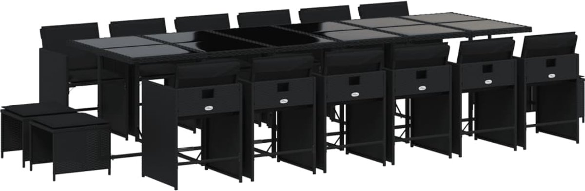 The Living Store 17-delige Tuinset met kussens poly rattan zwart - Tuinsets - Lounge Set - Buitendecoratie - Outdoor Furniture - Teak Meubel