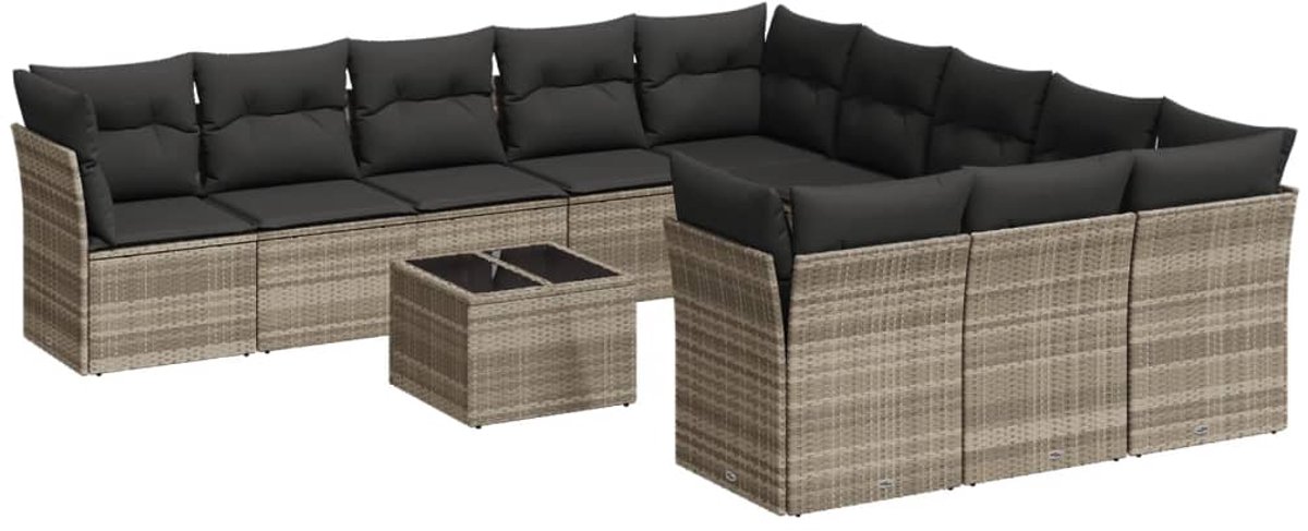 The Living Store 12-delige Loungeset met kussens poly rattan lichtgrijs - Loungebank - Tuinstoel - Lounge Set - Buitendecoratie - Outdoor Furniture
