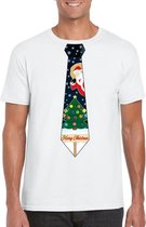 Wit kerst T-shirt voor heren - Kerstman en kerstboom stropdas print 2XL