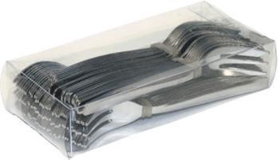 Zilverkleurige gebaksvorkjes in een doorzichtig doosje, samengebonden in twee bundels.