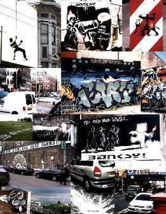 Collage van Banksy-kunst, met graffiti, gebouwen en voertuigen.