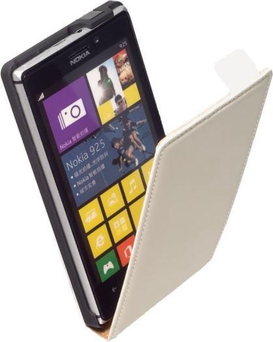 LELYCASE Lederen Flip Case Cover Hoesje Nokia Lumia 925 Wit