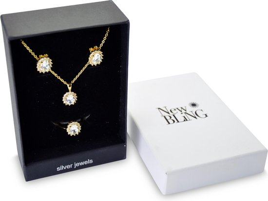 New Bling Gift Set 9NB SET011 62 Bijoux Coffret - Boucles d' Boucles d'oreilles en argent 6x8 mm Collier 40 + 5 cm Taille de la Ring 62 - Solitaire pierre zircons - couleur or