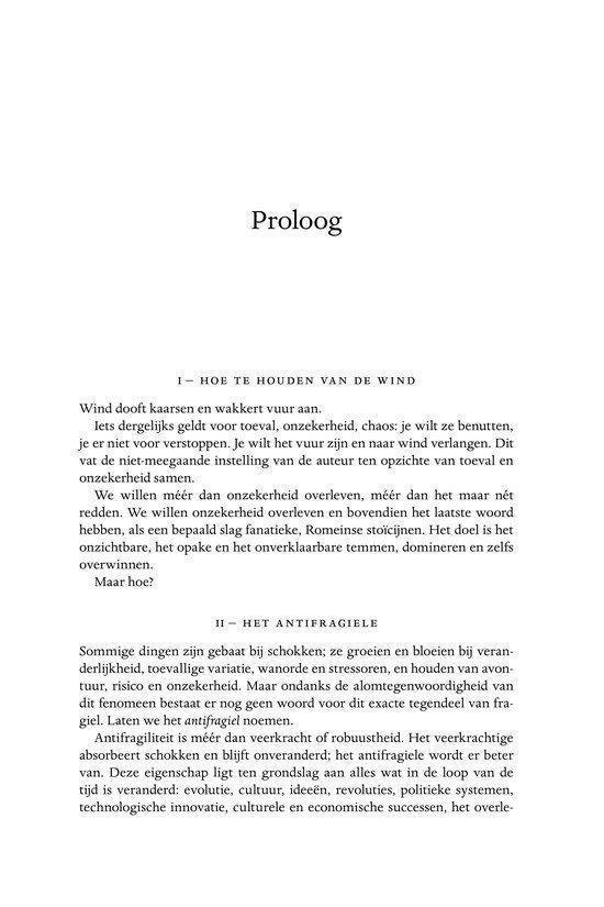 Pagina met de tekst 'Proloog' en hoofdstukken 'Hoe te houden van de wind' en 'Het antifragiele'.