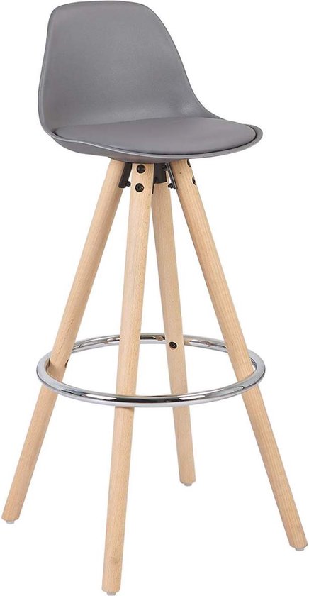 Hoge Barkruk Gerardo - Zithoogte 75cm - Grijs - Set van 1 - Keuken - Barstoelen - Met rugleuning - Kunstleer - Bruin frame