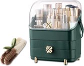 Draagbare make-uporganizer; cosmetica; opbergbox met stofdicht deksel; beauty-organizer met 2 laden en draaggreep; lade; 180 graden draaibaar (groen)