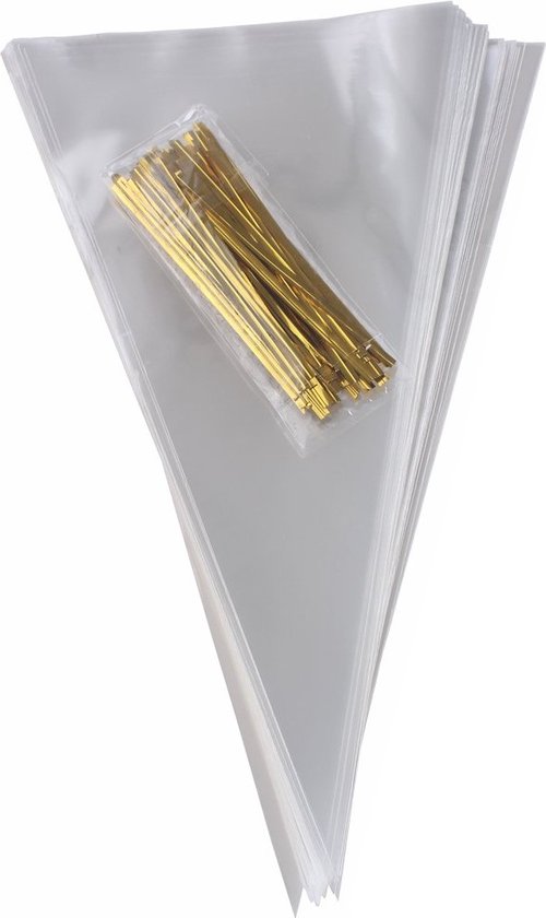 Fako Bijoux® - 100x Sachets Cône Cellophane 30x16cm - Sachet Cône Transparent - Sachet Friandises - Sachet Bonbons - Y Compris Bandes de Fermeture - 16x30cm - 100 Pièces