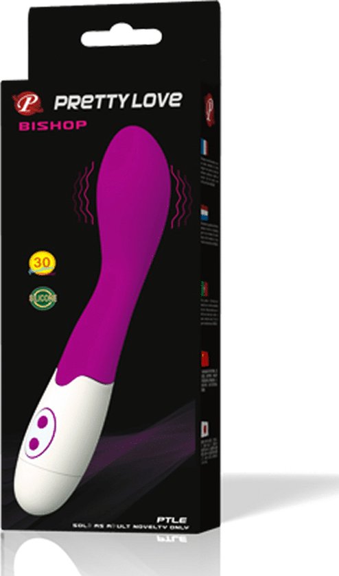 Vibrateur violet et blanc dans son emballage 'PRETTYLOVE BISHOP' avec une image de bulles.