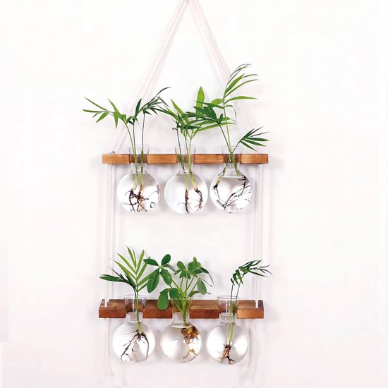 Trend24 - Stekstation - Stek station vaasjes - Stekjes - Stekken - Planten stekken - Stek vaasjes - Stek glaasjes - Steklab - Reageerbuisjes - Inclusief 6 buisjes - Ophangbaar - Hout - Glas - Bruin