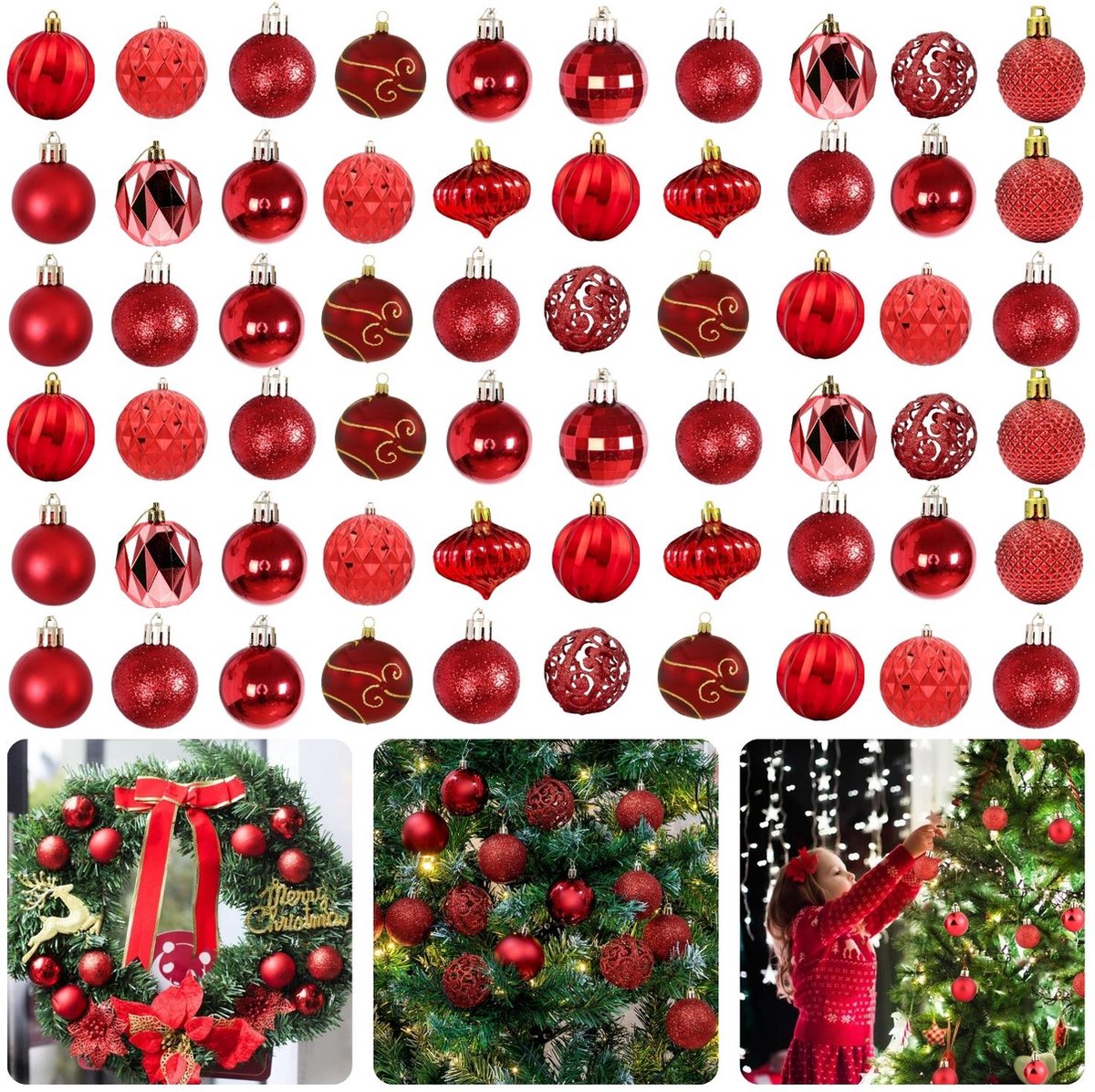 Cheqo Kerstballen Set 60 Stuks - Rood - Kunststof - Onbreekbaar - Kerstboomversiering - Kerstversiering - Verschillende Formaten & Designs - Kerstboom - Kerstballenset - Kerstdecoratie - Christmas - Met Ophangoog - Mat - Glanzend - Glitters