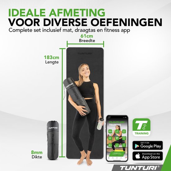 Tunturi Yoga Mat 8mm - Pilates mat - Extra dikke fitness mat - 183x61x0,8 cm - Incl Draagtas - Ecologisch materiaal - Eenvoudig te reinigen - Zwart van Tunturi — afbeelding 2