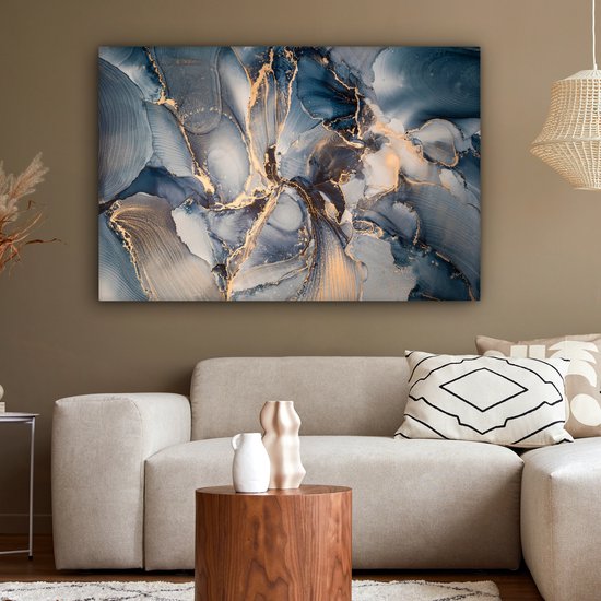 Toile Peinture Marbre - Grijs - Blauw - Luxe - Or - 120x80 cm - Décoration murale