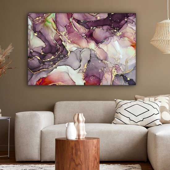 Tableau sur toile Marbre - Rouge - Violet - Or - 140x90 cm - Décoration murale