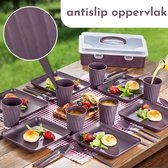 Bestek, borden en bekers set herbruikbaar 32 stuks voor 6 personen, bekers, borden, bestek met handige opberger, ideaal voor picknick, kinderfeestjes, kinderdagverblijf, BPA vrij (Paars)