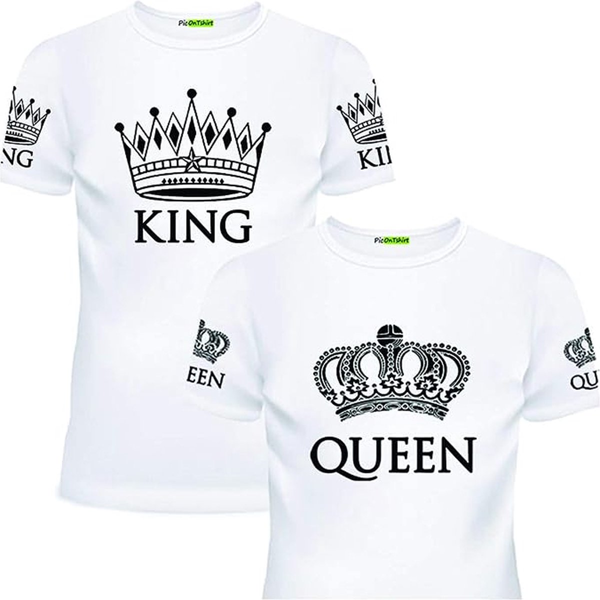 PicOnTshirt - Teetalks Series - T-Shirt Dames - T-Shirt Heren - T-Shirt Met Print - Couple T-Shirt Met King and Queen Print - 2 Pack - Wit - Heren XL/Dames XS