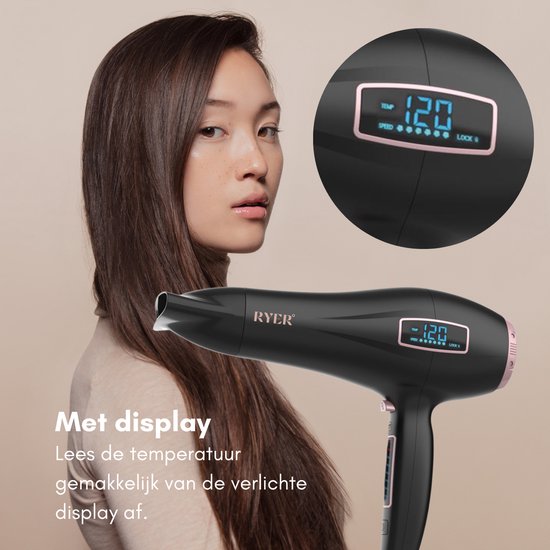 RYER Digitale Föhn - Temperatuur Weergave - 8 Warmte Standen - Hair dryer  met Diffusor | bol