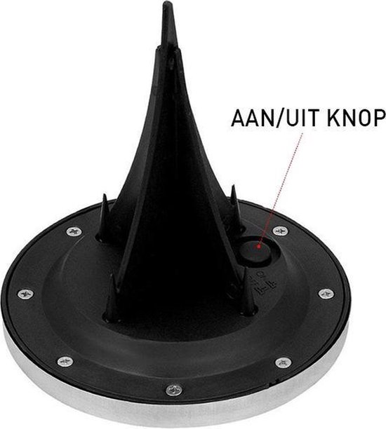 Bovenzicht van de zwarte onderkant van de grondspot met de aan/uit knop.
