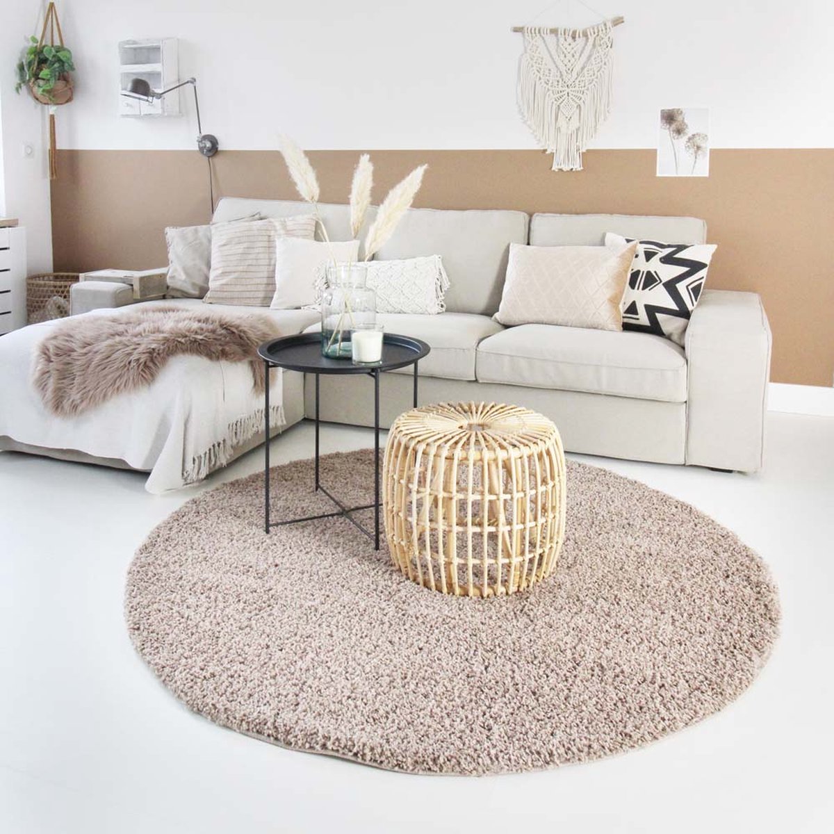 Hoogpolig vloerkleed Shaggy Trend effen rond - beige 160 cm