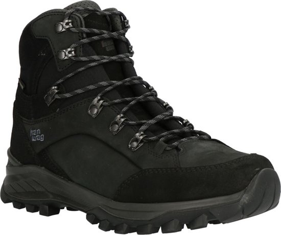 Zwarte Hanwag wandelschoen met donkere veters en Gore-Tex technologie.