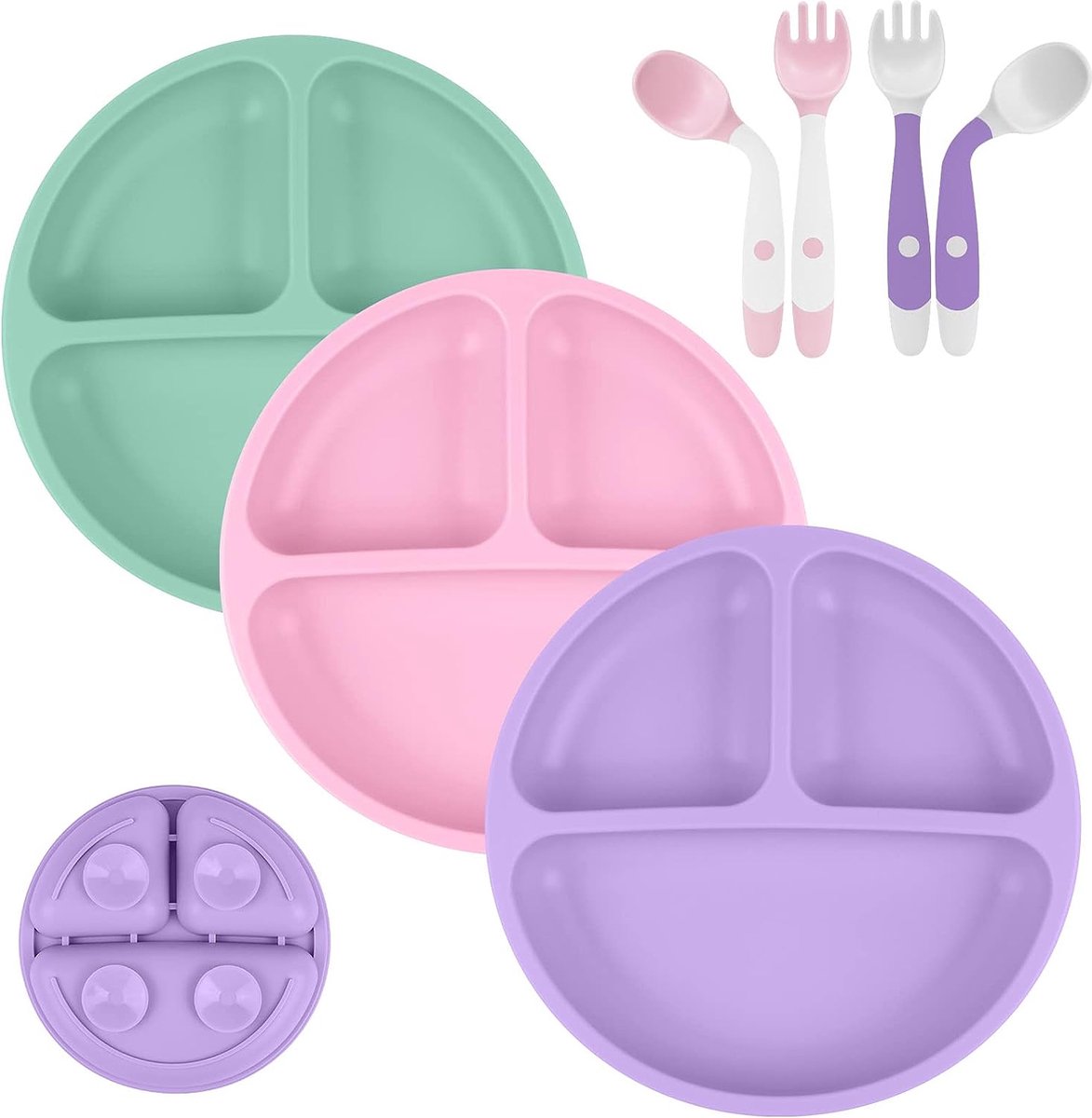 Goedkoopste Babyzuigplaat, 3 stuks siliconen zuigplaten, antislip siliconen babyspeenplaat, verdeelde gerechten voor peuter kinderen zelfvoeding, geschikt voor de meeste kinderstoelen trays (roze/paars/groen
