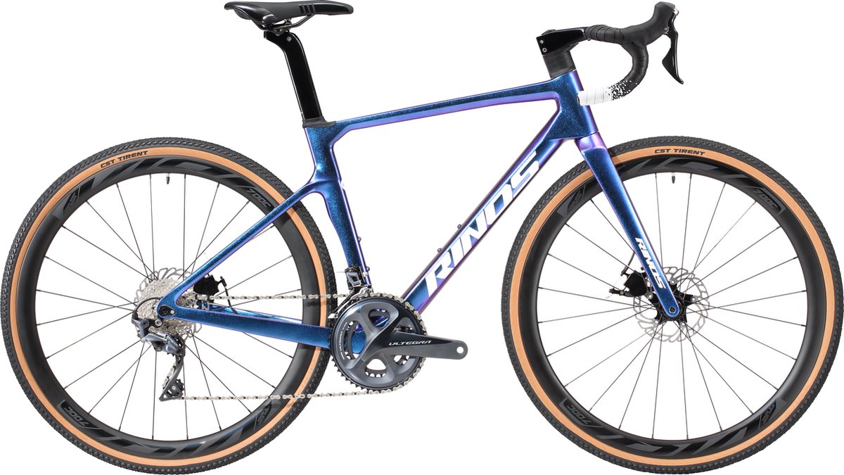 Rinos Sandman 5.0 Carbon- GravelFiets - Gravel bike - met SHIMANO Ultegra R8000 - 22 versnellingen en schijfremmen - lichte fiets voor dames en heren - Wielen van koolstofvezel - 700 x 40C - Kameleon Blauw - Paars 56 cm
