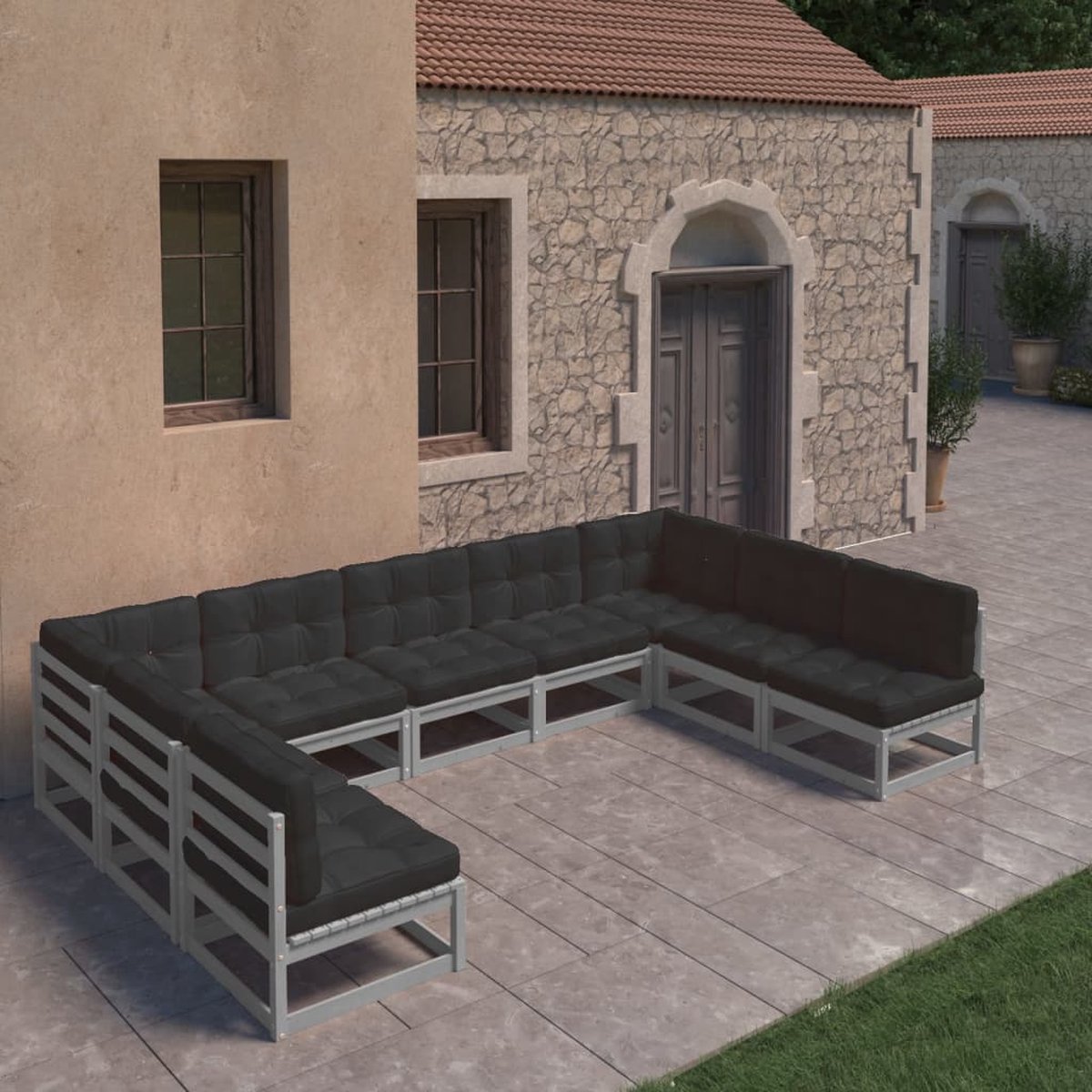 The Living Store 9-delige Loungeset met kussens massief grenenhout grijs - Loungeset - Tuinset - Hout - Grenenhout - Lounge