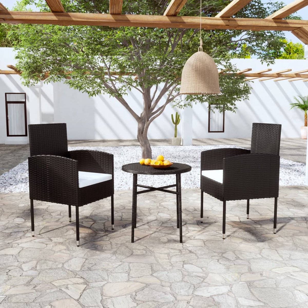 Tuinset poly rattan zwart met comfortabele tuinstoelen voor buiten loungen en dineren.