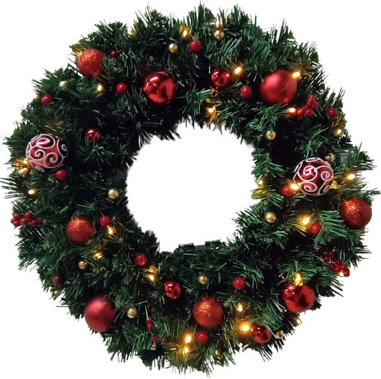 Buxibo PVC Kerstkrans met Decoraties - Groen - Met 30 Lampjes op Batterijbox - 110 Takken - 40cm