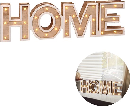 Cheqo® Sierletters Home - Woondecoratie - Houten Letter - Woonkamer - 28 LED - Warm Wit