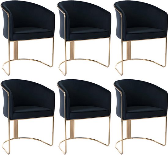 Set de 6 chaises avec accoudoirs velours et métal - Zwart et doré - JOSETHE L 59,5 cm x H 82,5 cm x P 52,5 cm