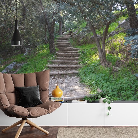 450cm X Papier peint photo - Papier Peint - Escaliers dans la forêt, vert, Belle sur votre mur, 11 tailles, y compris la colle à papier peint