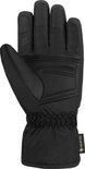 Zwarte ski-handschoen met lederen handpalm en "GORE-TEX" label. Met elastiek aan de pols.