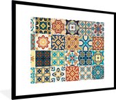 Fotolijst incl. Poster - Bloemen - Vintage - Patroon - Blauw - Oranje - 80x60 cm - Posterlijst