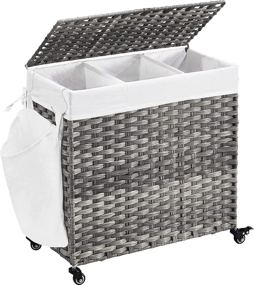 Goedkoopste Wasmand - Met 3 vakken - Was organizer - Met wielen - 140 L - Grijs