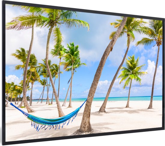 Photo encadrée - Hamac entre palmiers sur la plage près du cadre photo République Dominicaine noir 90x60 cm - Affiche encadrée (Décoration murale salon / chambre) / Mer et plage