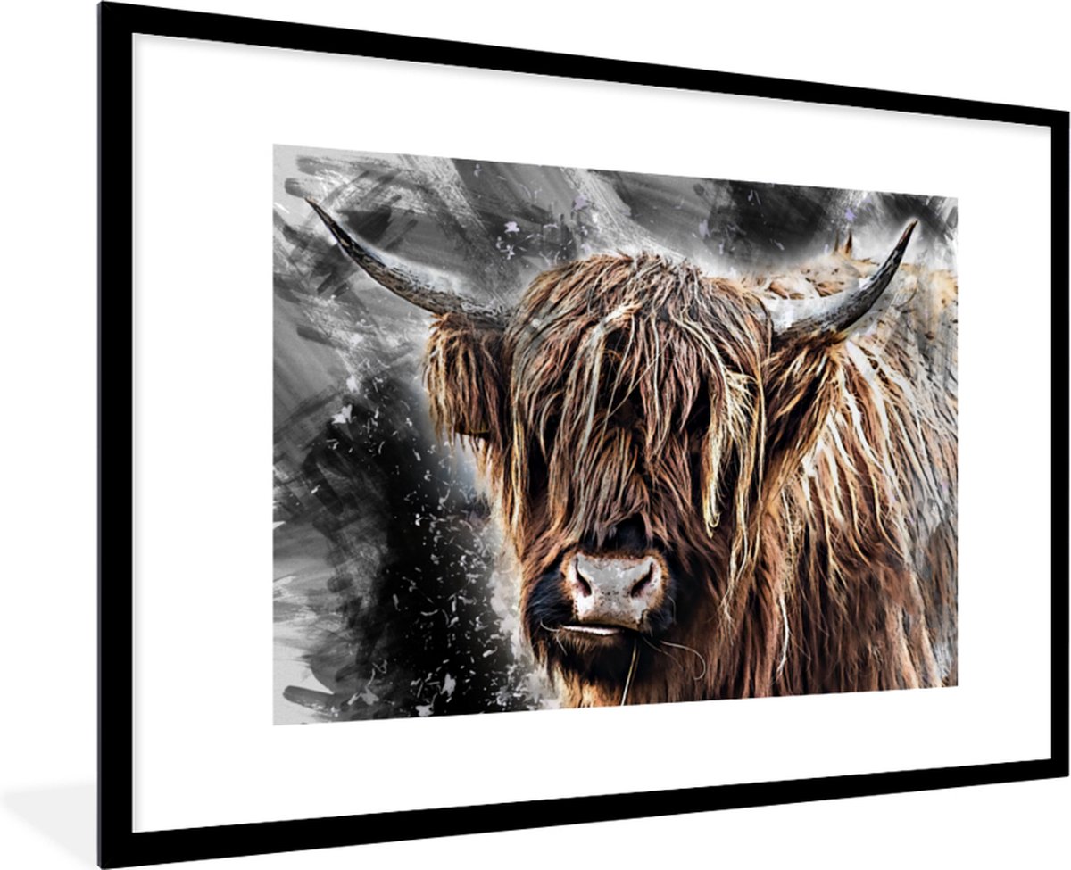 Poster in lijst - Fotolijst 90x60 cm - Posters - Schotse hooglander - Verf - Koe - Posterl