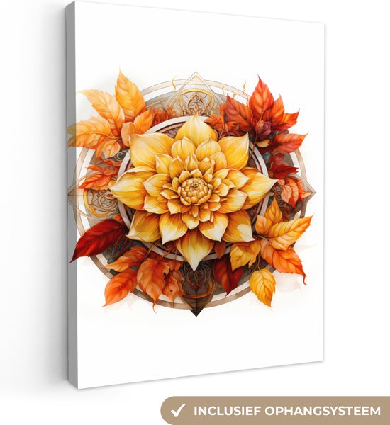 Canvas Schilderij Mandala - Bloemen - Bladeren - Herfst - Wit - 30x40 cm - Wanddecoratie