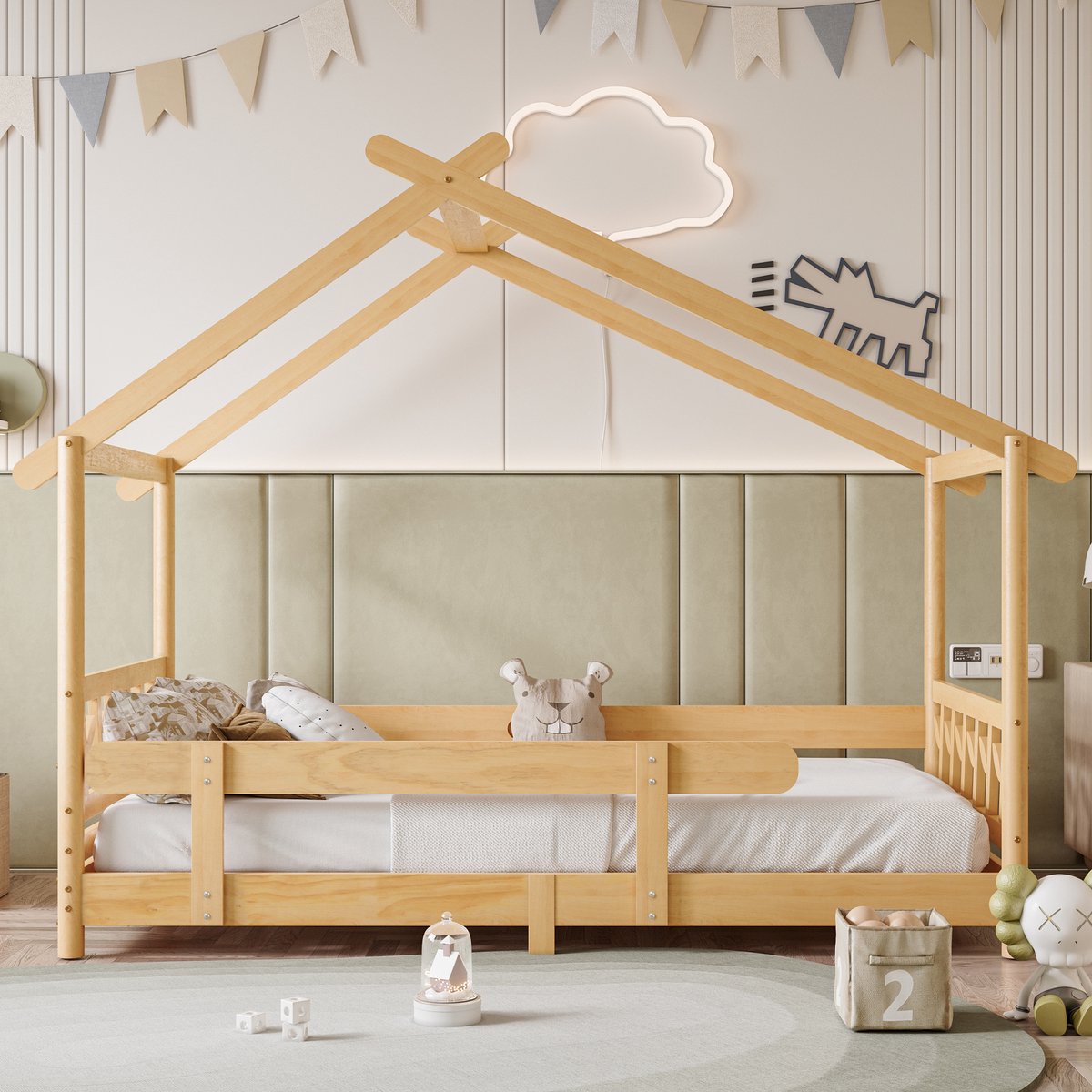 Montessori Bedframe-Houten Huisbed met Hek valbeveiliging - massief hout met rooster en lattenbodem Bed - voor kinderen jongens grils slaapkamer - naturel (200x90cm)