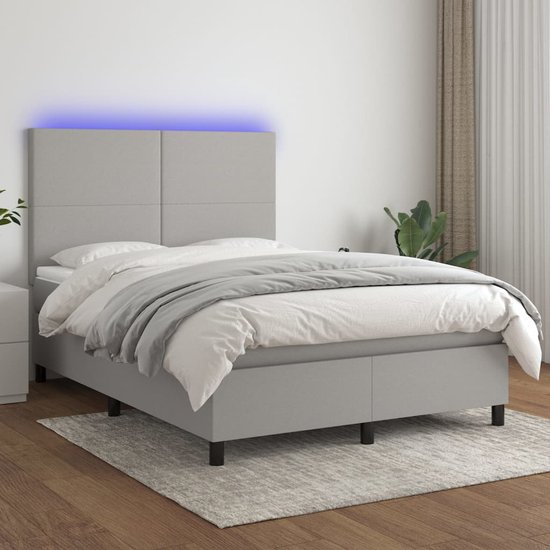 The Living Store Boxspring Bed - LED Verlichting - 203 x 144 cm - Lichtgrijs - Pocketvering Matras - Huidvriendelijk Topmatras