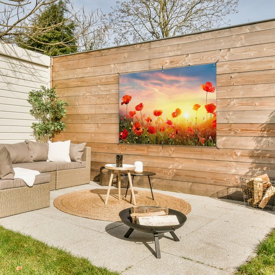 Tuinposter bloemen - Tuindecoratie klaprozen rood - 120x80 cm - Tuinschilderij voor buiten - Tuindoek zonsondergang - Wanddecoratie tuin - Schuttingdoek - Balkon decoratie - Muurdecoratie - Buitenschilderij