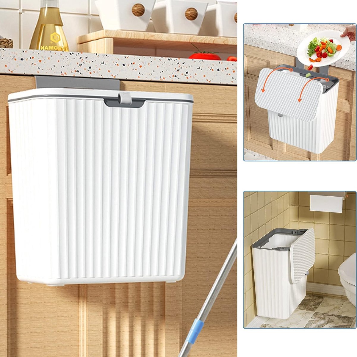Goedkoopste Waste bin, hanging with lid, 9 liters, compost bin for kitchen, waste bin for office, practice, camper, bathroom, diaper room, attachment to cupboard door or wall, plastic